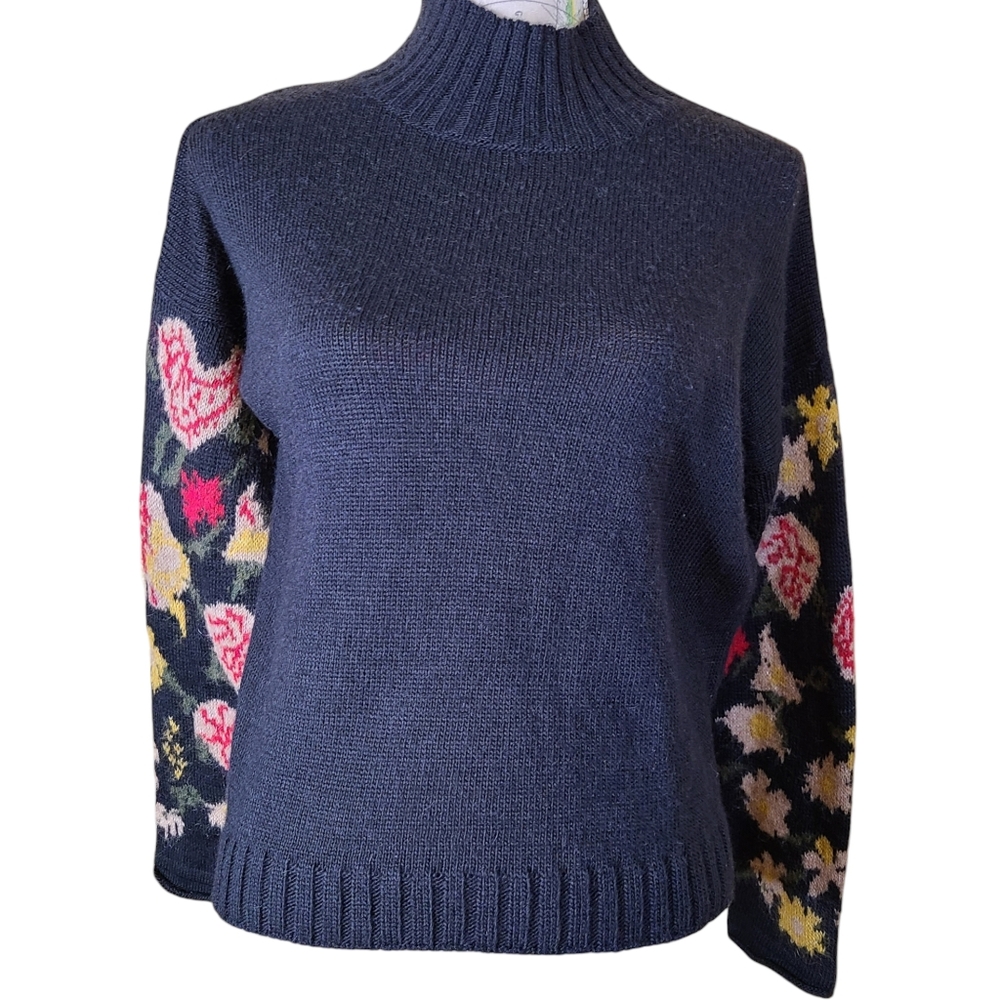 Scandi Floral Mohair Alpaca Sweater Size Medium Black Floral Funnel Neck Nordic